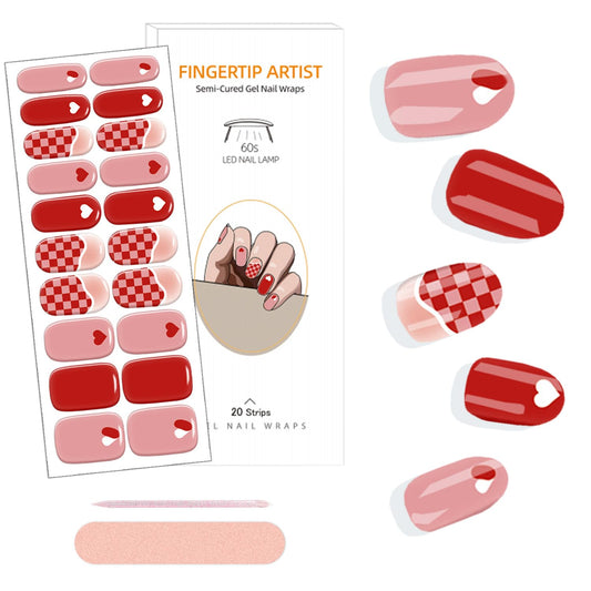 PSBRBAD Valentine gel nail strips with white and red hearts for quick at home manicure