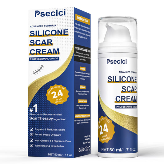 Psecici Scar Cream bottle front, fast-absorbing gel for scar smoothing.
