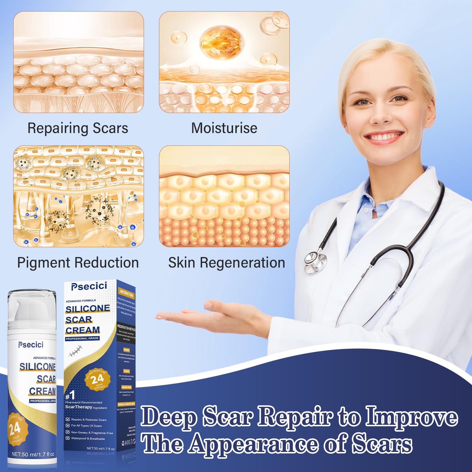 Psecici scar gel on the face, suitable for facial scar care.
