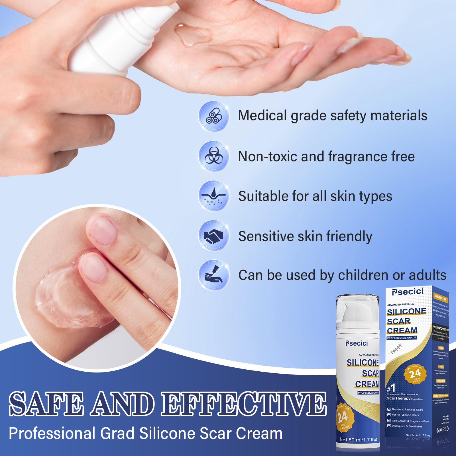 Psecici packaging blue tub, gift-ready scar care solution.
