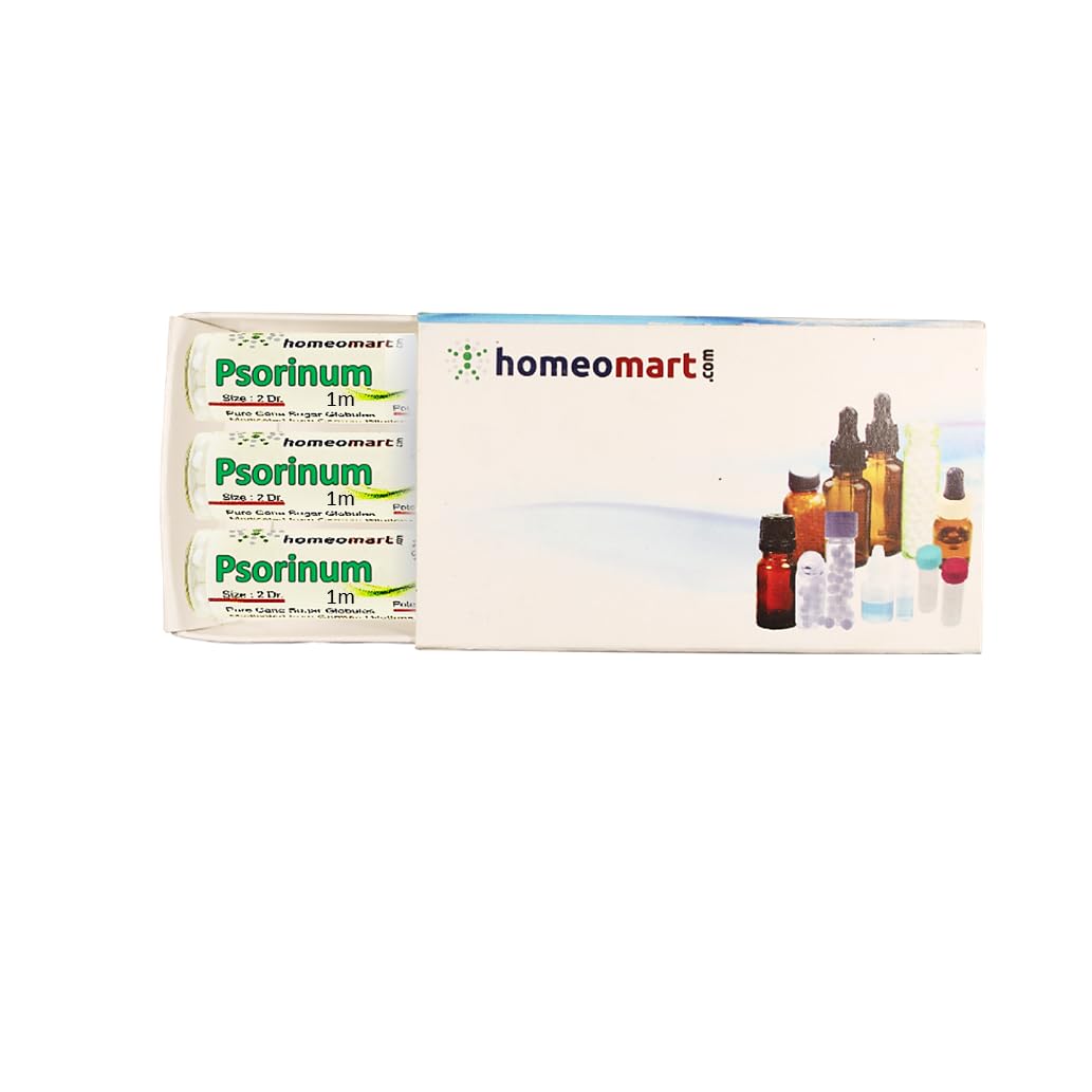Psorinum homeopathy pellets in a 2-dram glass vial