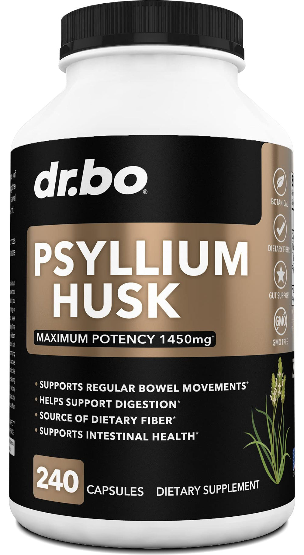 Bottle of psyllium husk capsules on a white background