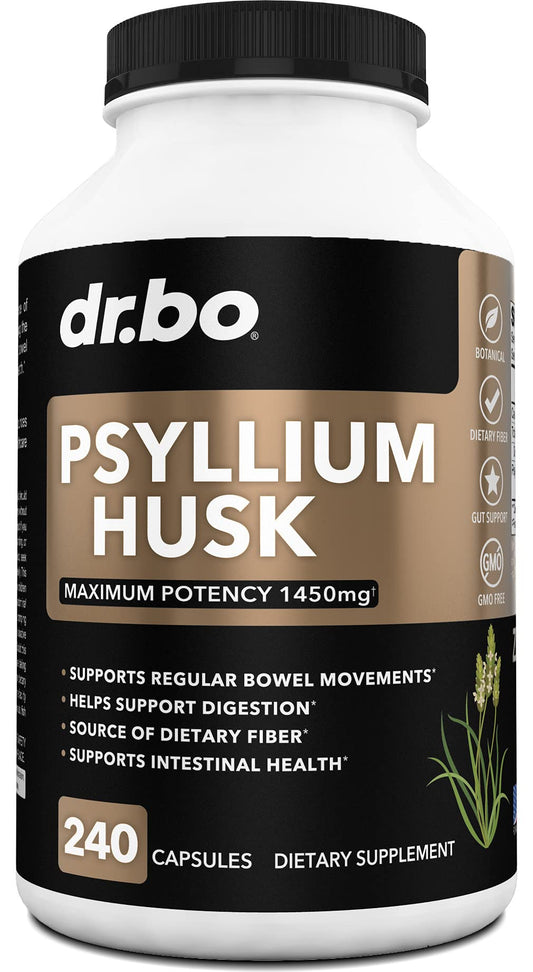 Bottle of psyllium husk capsules on a white background