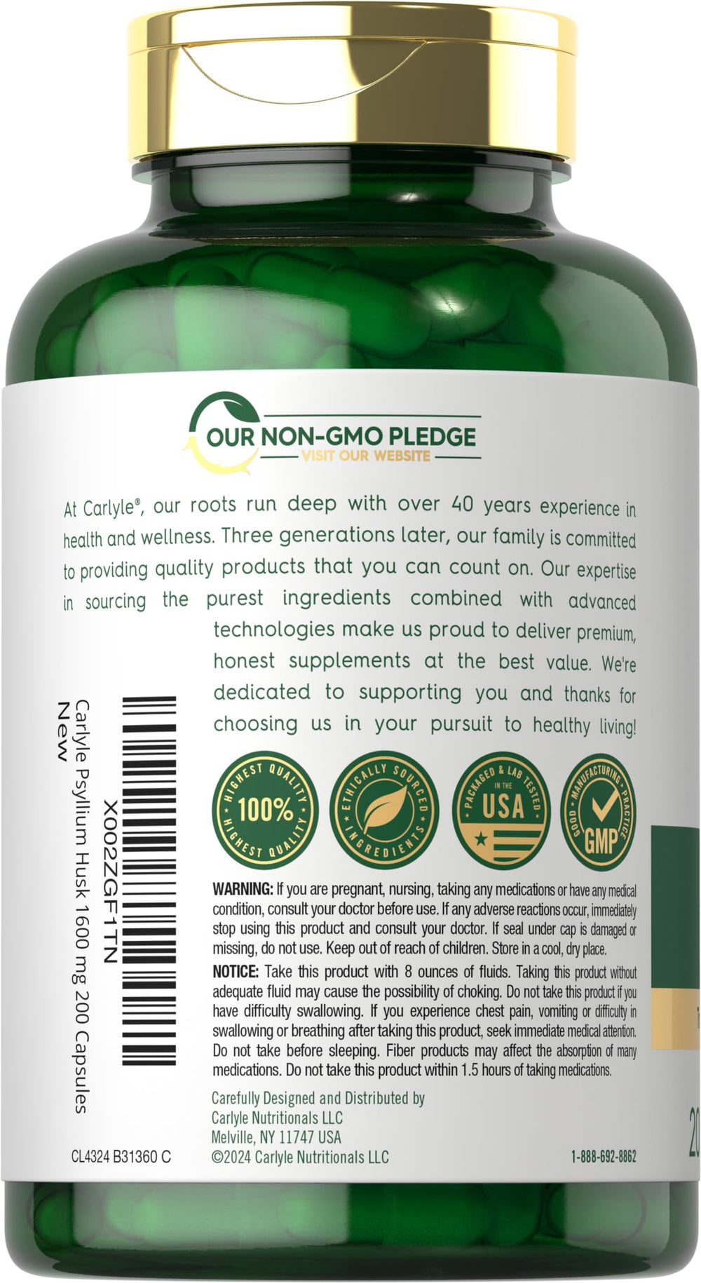 Psyllium husk capsule label showing 1600 mg per serving