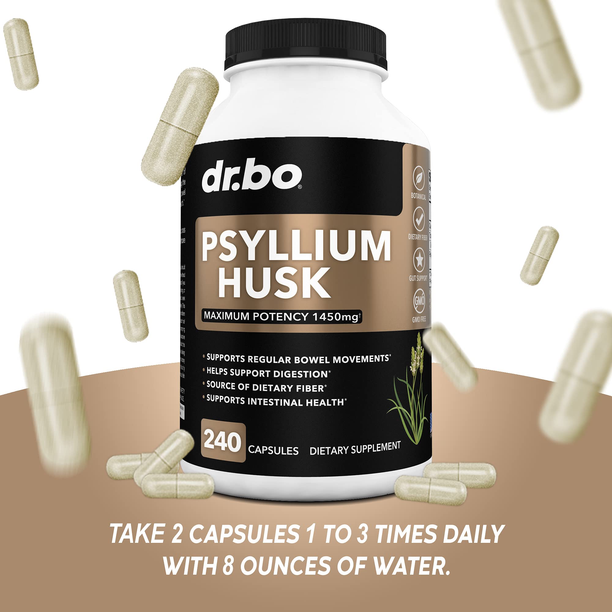 Back label of psyllium husk capsule bottle with nutrition facts