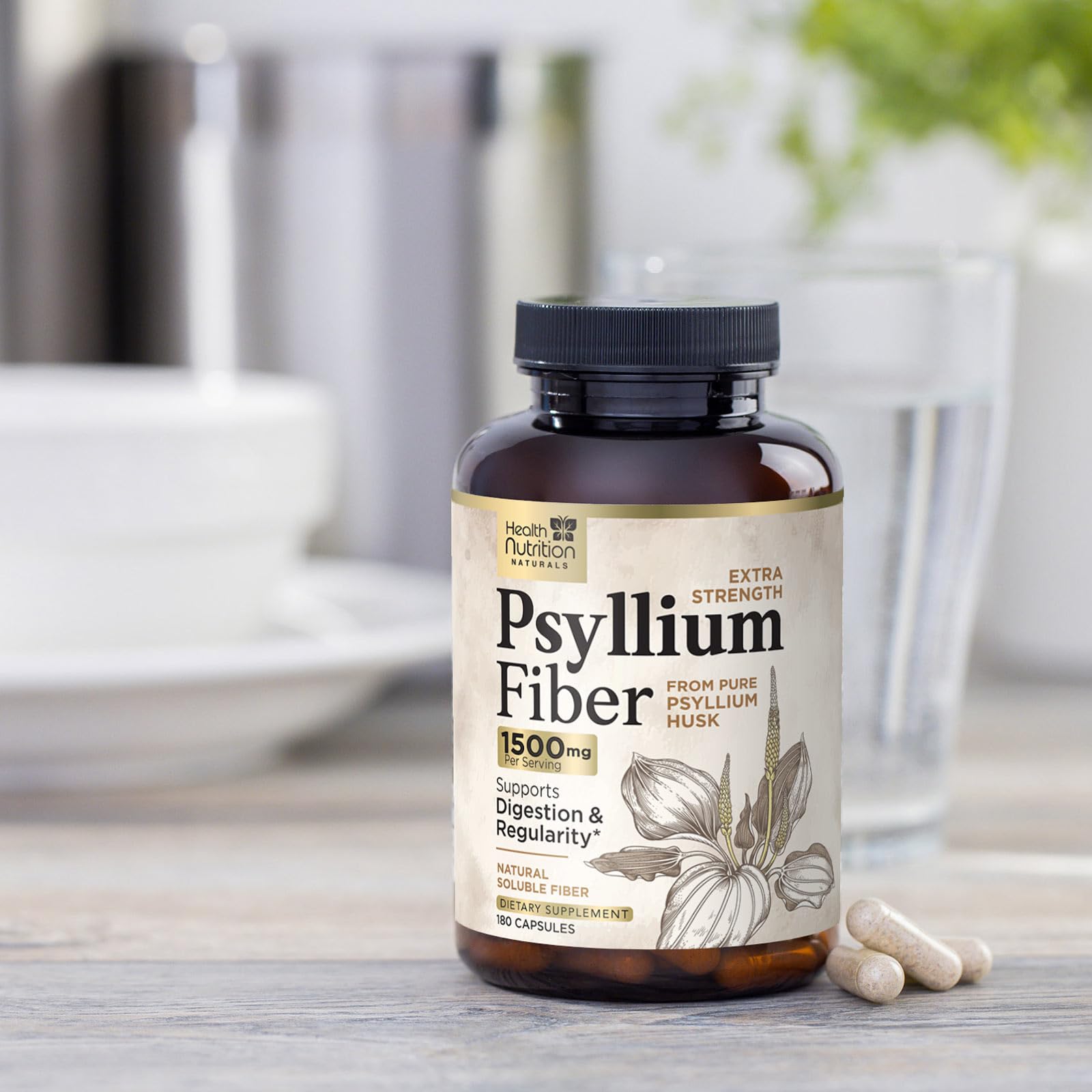 Lifestyle image of 180-count psyllium husk capsules