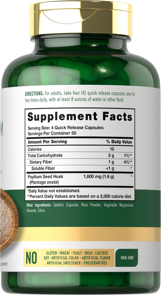 Psyllium husk capsules 1600mg in quick-release format