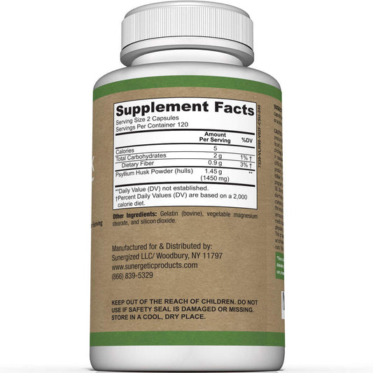 Psyllium Husk capsules bottle showing easy to swallow capsules