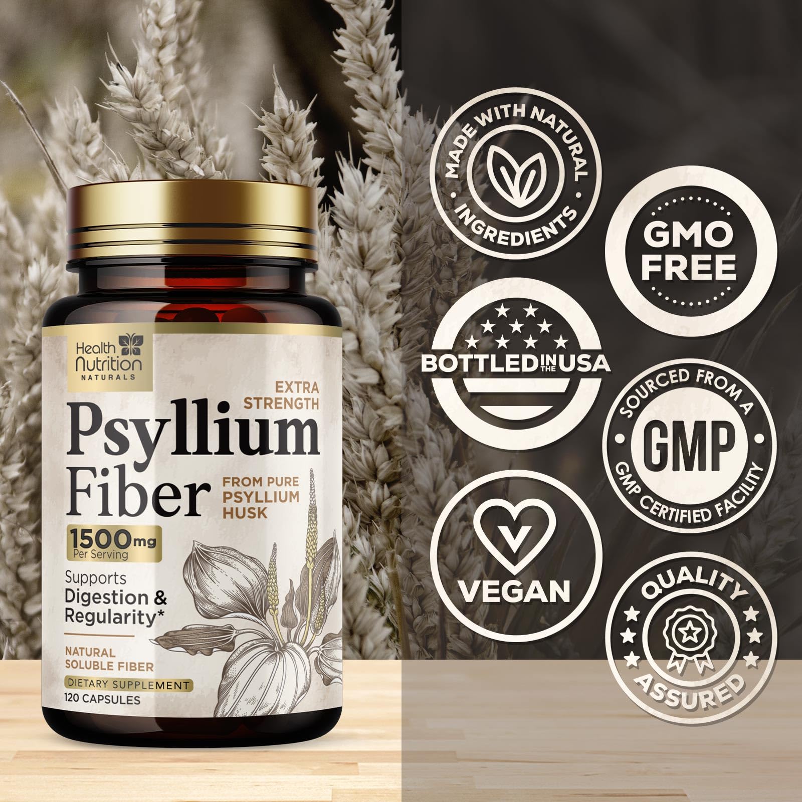 Close-up view of psyllium husk capsules in veggie capsules