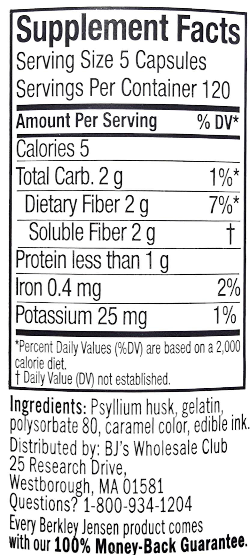 Nutrition label on psyllium husk capsules packaging