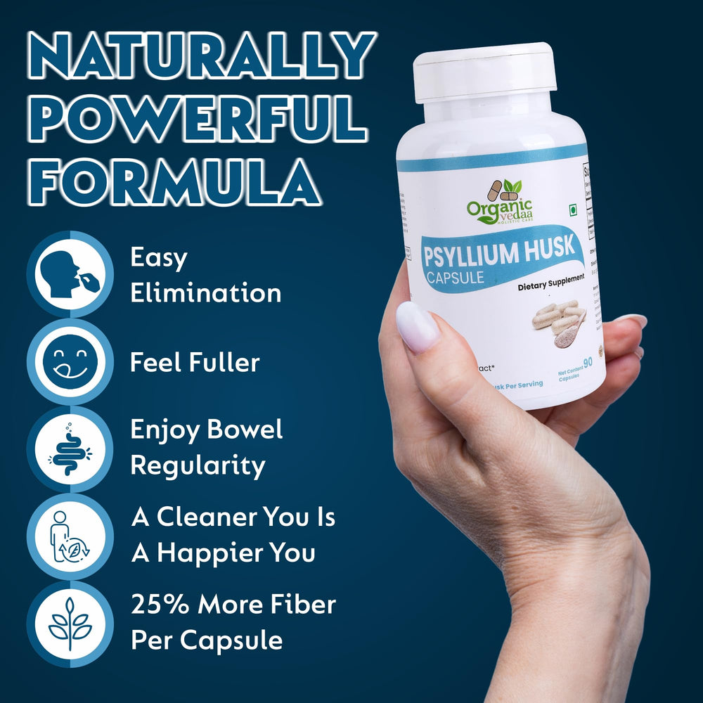 Psyllium husk capsules on kitchen counter