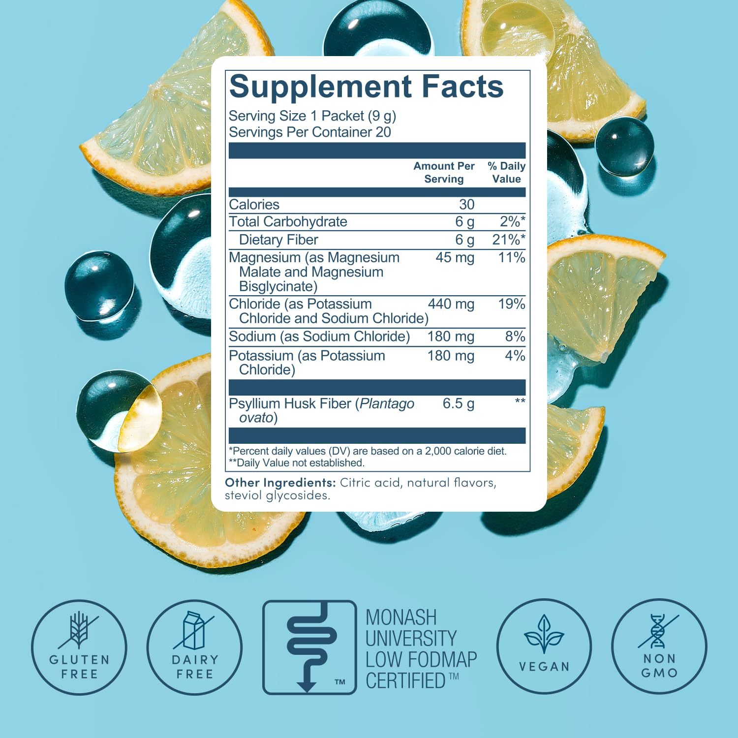 Non-GMO label for gluten-free dairy-free vegan psyllium lemonade