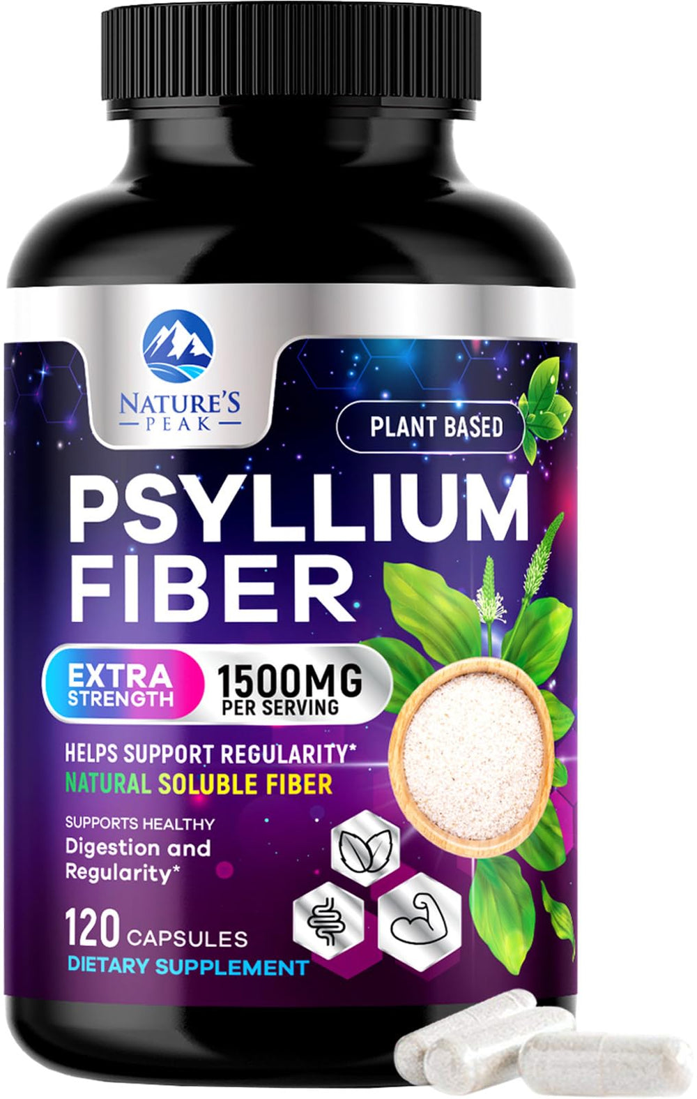 Front view of Psyllium Husk Fiber supplement bottle with label
