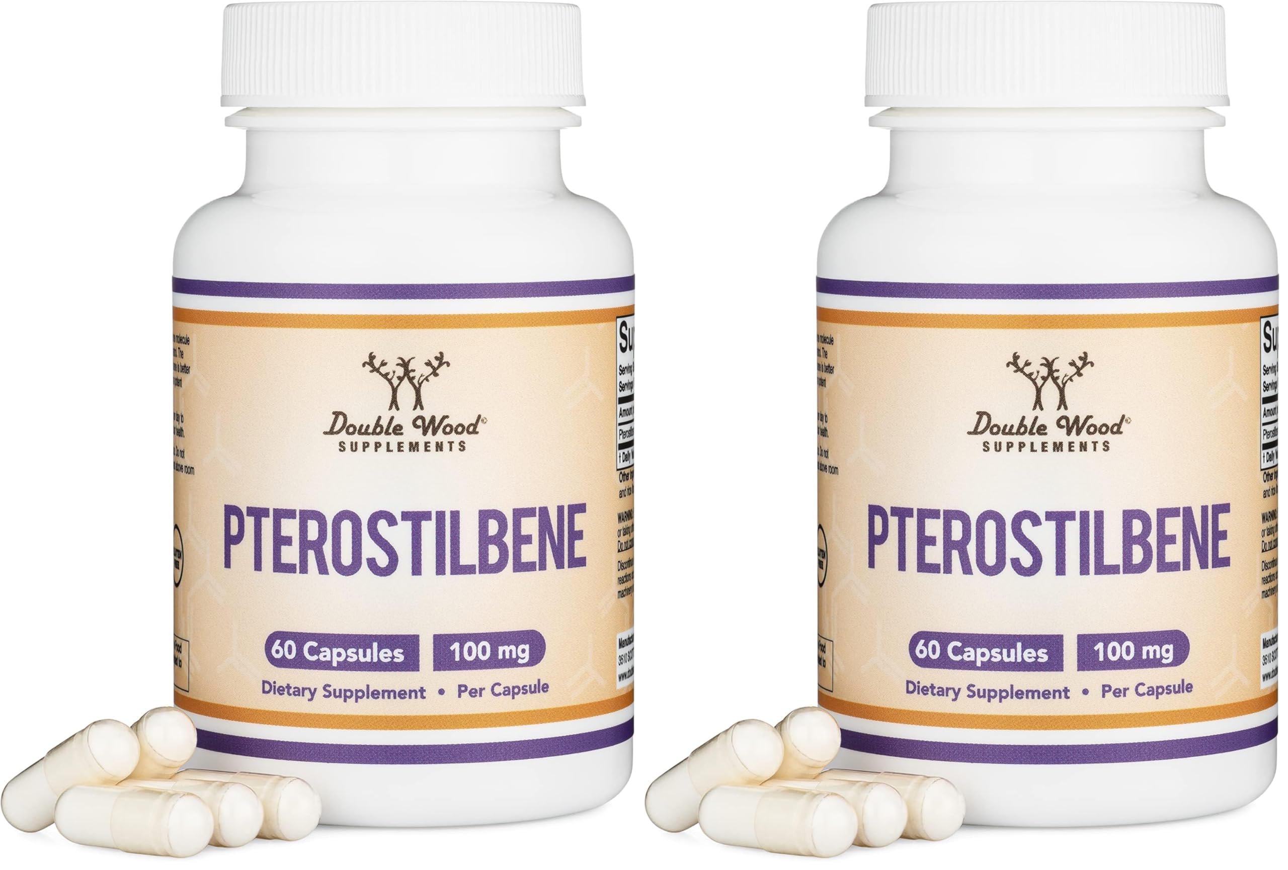 Front view of Double Wood Pterostilbene 100mg capsules 2 pack