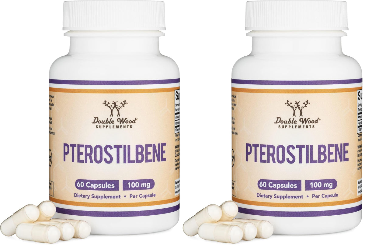 Front view of Double Wood Pterostilbene 100mg capsules 2 pack