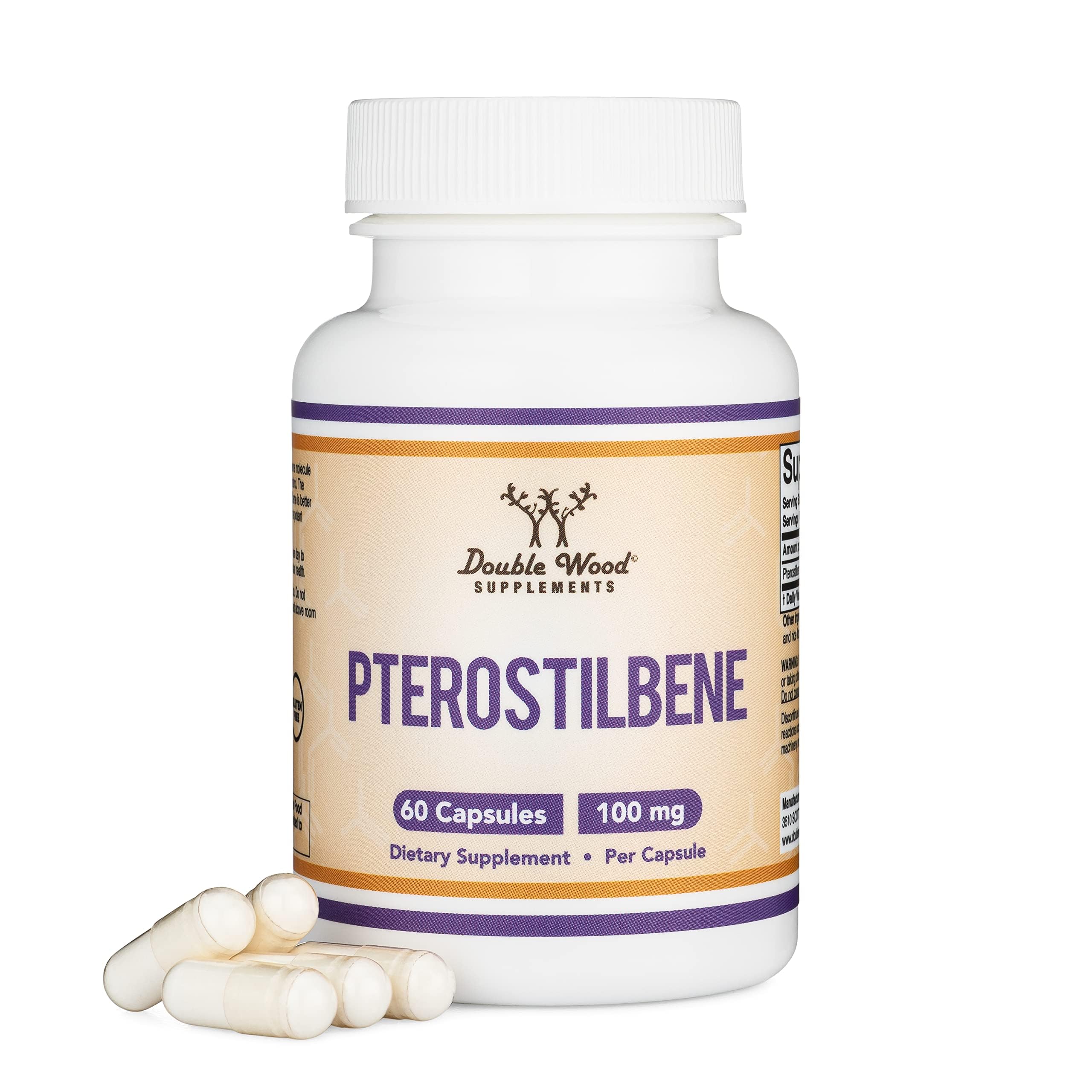 Front view of Pterostilbene 100mg capsules bottle