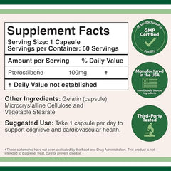 Close-up of Pterostilbene 100mg capsule label