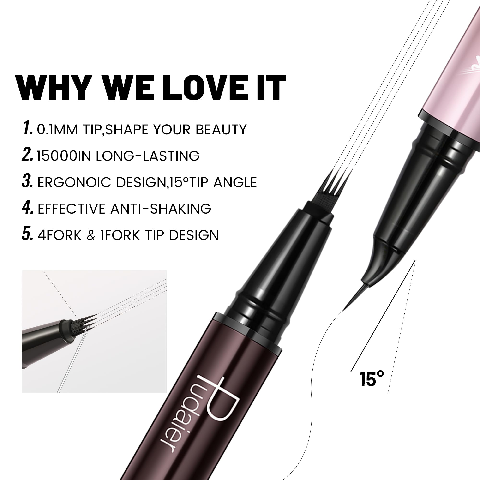 Pudaier 2-in-1 dual-ended eyebrow pen with a 15-degree tip for precise strokes.