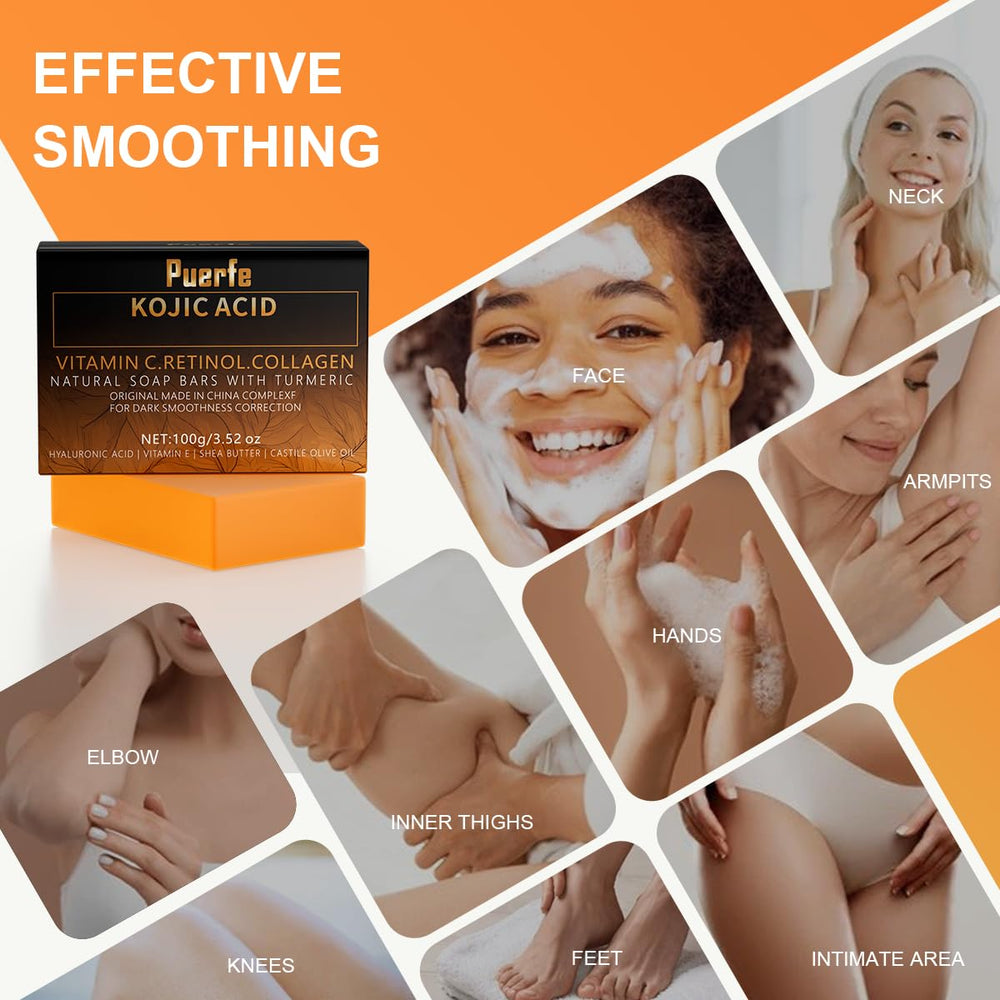 Puerfe Premium Turmeric Kojic Acid Soap Bar wrapped packaging for daily use.