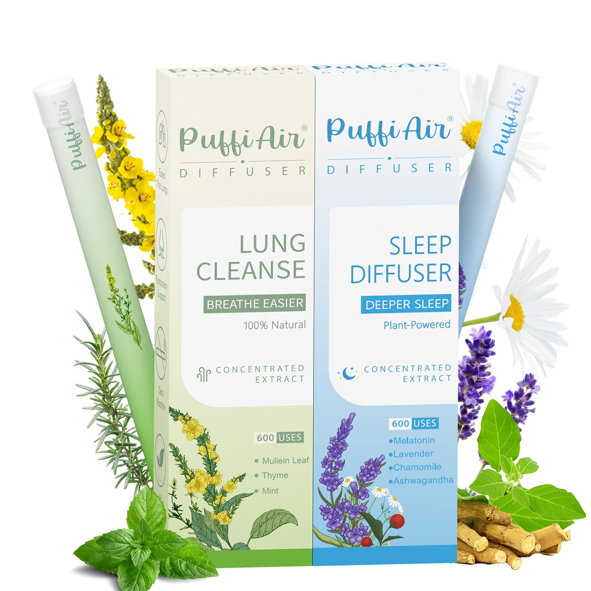PUFFIAIR Night & Day Relax Duo product shot showing dual diffuser pens