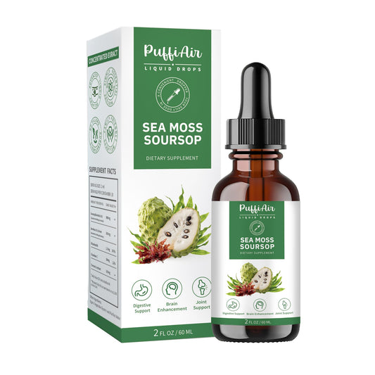 PuffiAir Soursop (Graviola) & Sea Moss Liquid Drop bottle – front view (2 oz).