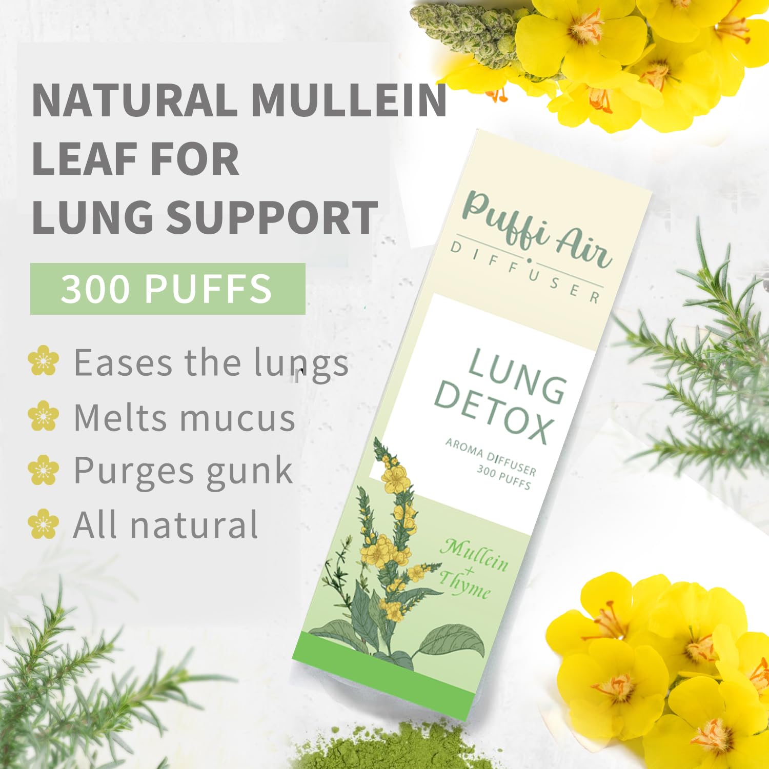Mullein, thyme, and mint ingredients displayed for PUFFIAIR