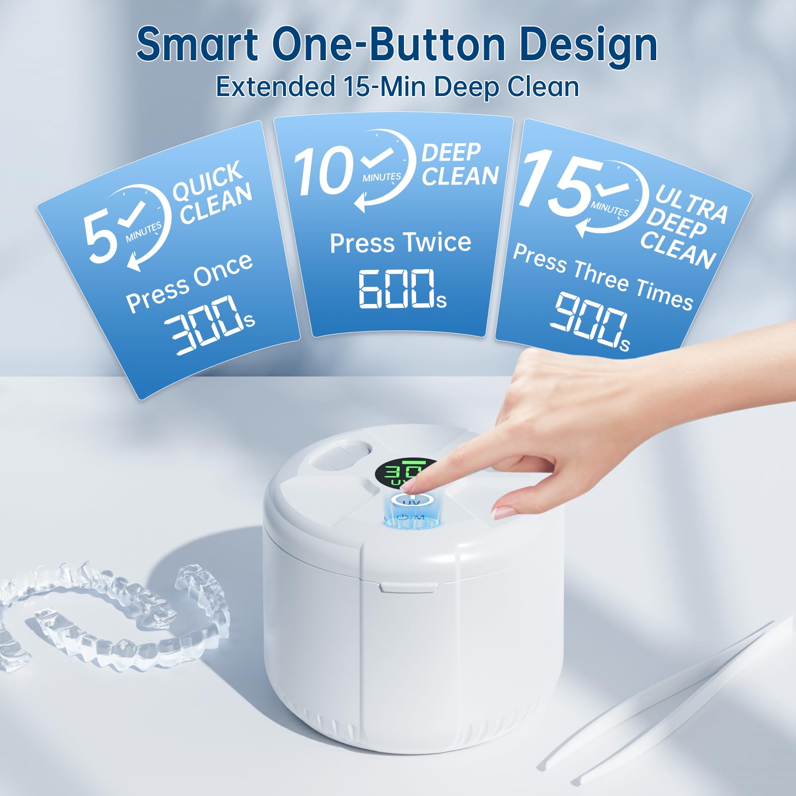 Cleans dentures, aligners, mouth guards, jewelry and more