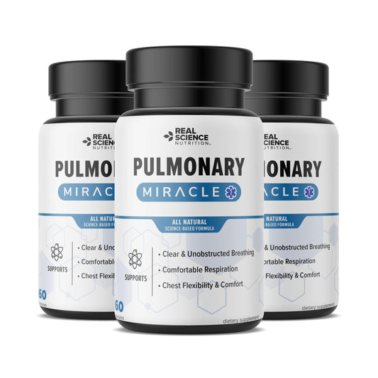 Bottle of Pulmonary Miracle COPD relief capsules on white background