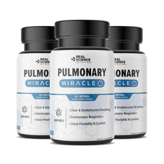 Bottle of Pulmonary Miracle COPD relief capsules on white background