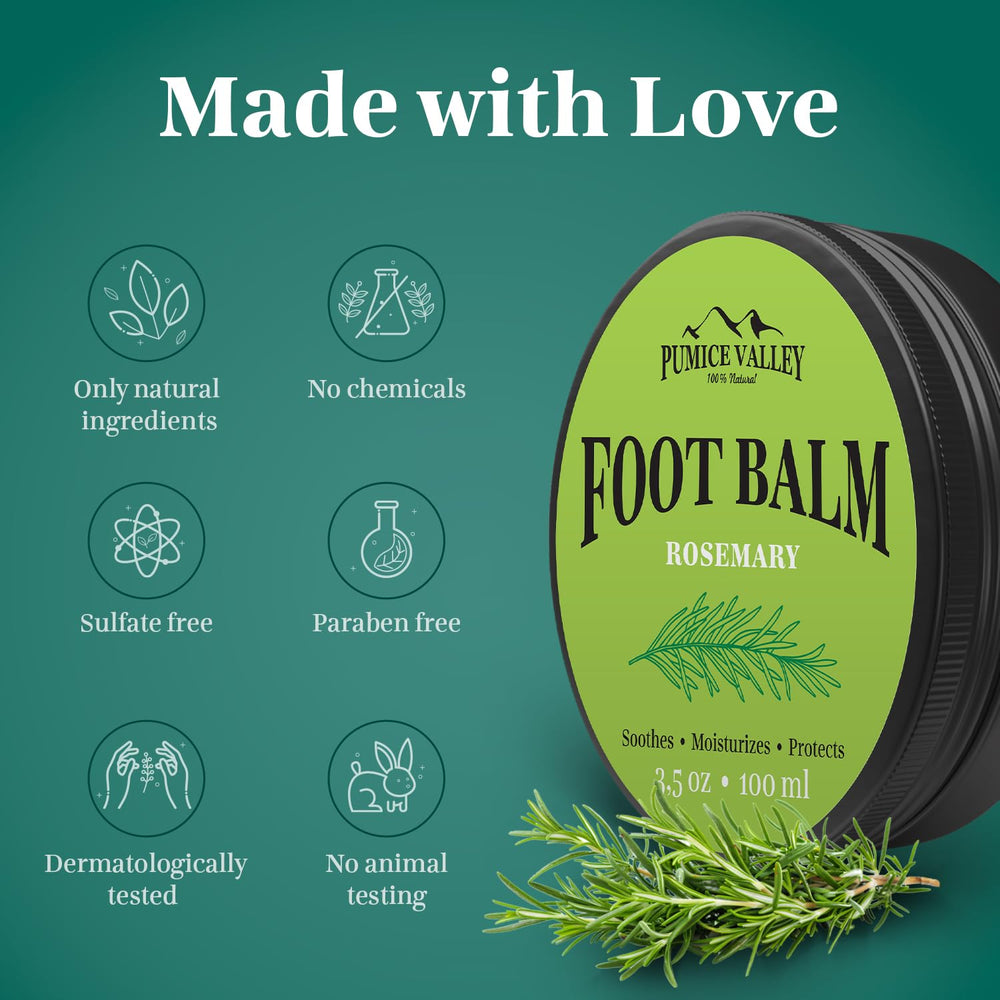 Pumice Valley Foot Balm Cream vegan formula highlighted on packaging.