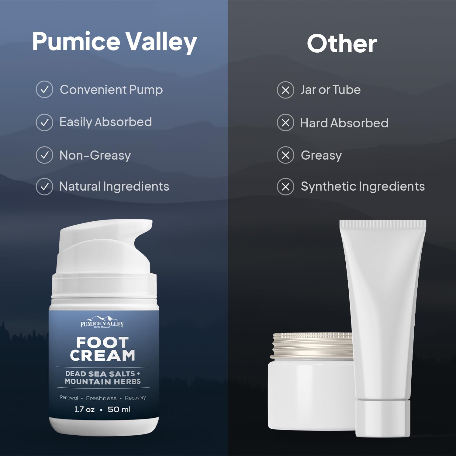 Pumice Valley foot cream with Shilajit and mountain herbs nourishes heel skin.