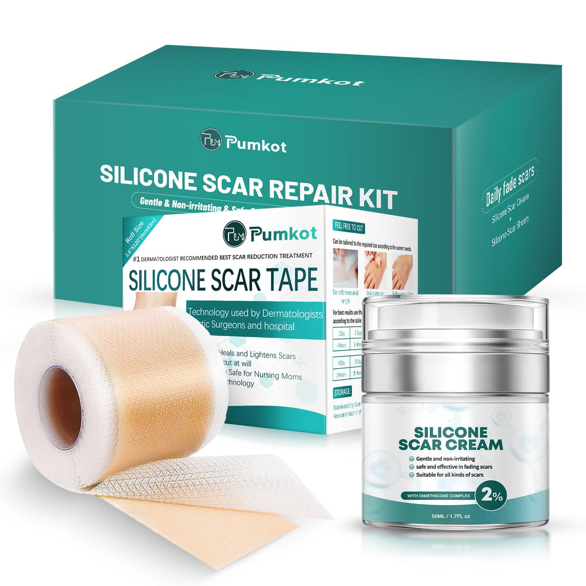 Pumkot scar cream bottle closeup highlighting nourishing formula for scars