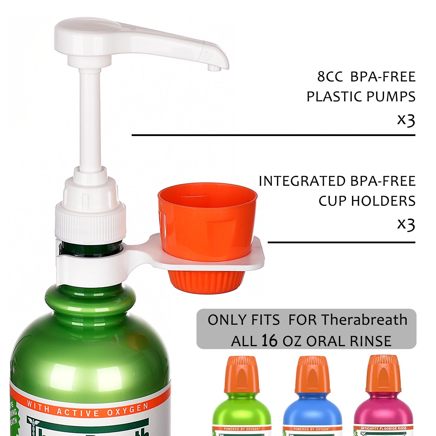 Pumps compatible with TheraBreath 16 oz mouthwash bottle in use