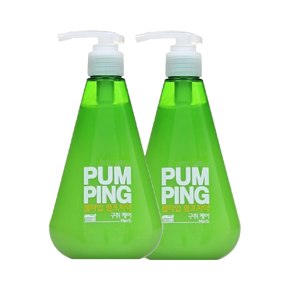 Two-pack Pumping Toothpaste Herb bottle with a no-squeeze pump and gel formula for fresh breath.