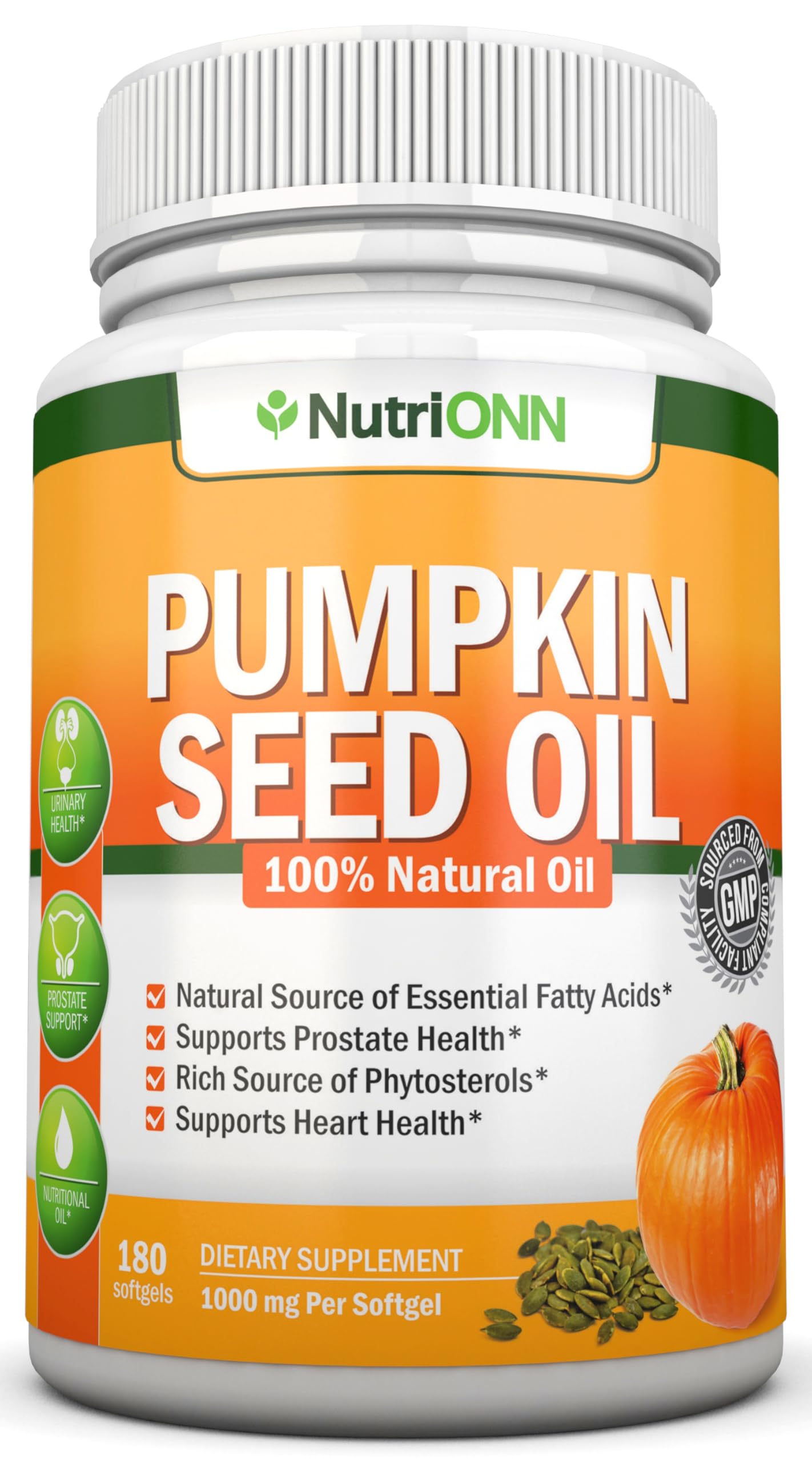 Bottle of NutriONN Pumpkin Seed Oil 1000mg 180 softgels