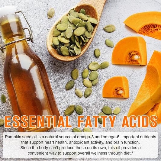 Close-up of pumpkin seed oil capsules showing 2-in-1 formula with saw palmetto