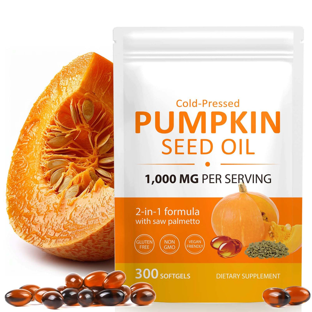 Bottle of pumpkin seed oil capsules with saw palmetto