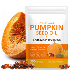 Bottle of pumpkin seed oil capsules with saw palmetto