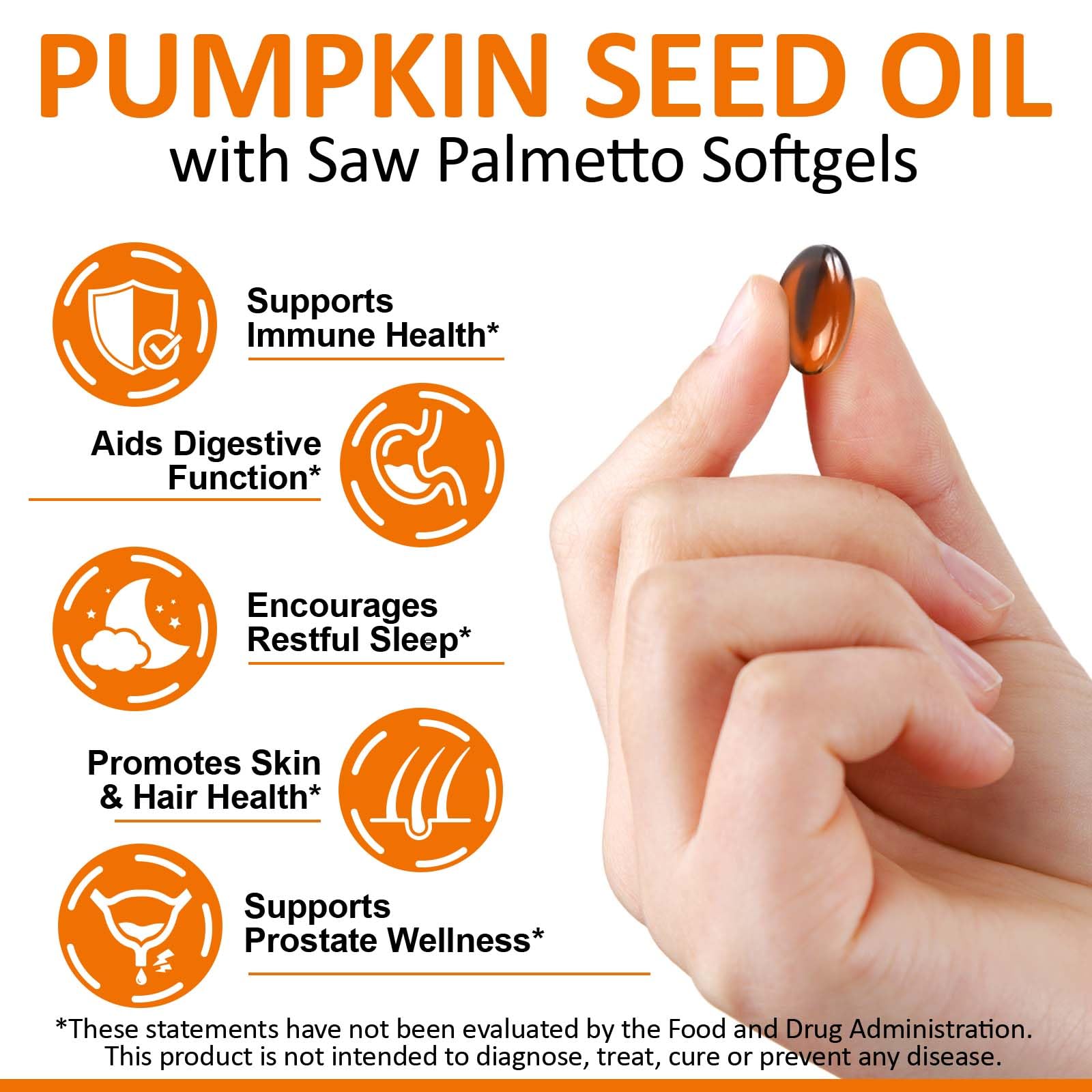 Close-up of pumpkin seed oil capsules and saw palmetto