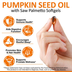 Close-up of pumpkin seed oil capsules and saw palmetto