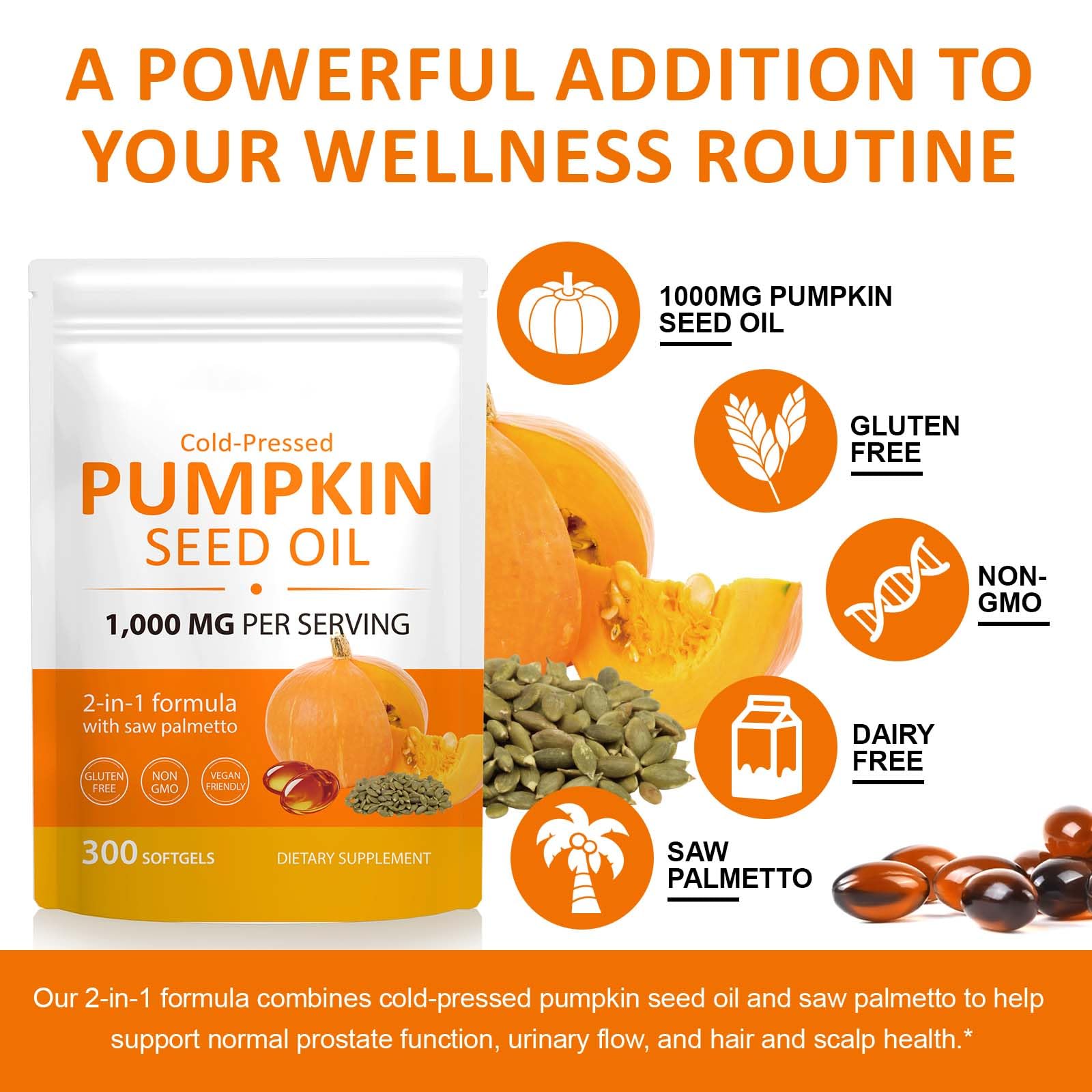 Pumpkin seed oil and saw palmetto supplement on white background