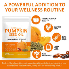 Pumpkin seed oil and saw palmetto supplement on white background