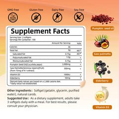 4-in-1 ingredients: pumpkin seed oil, saw palmetto, elderberry, vitamin D3