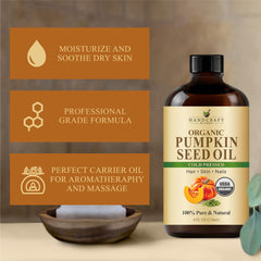 Infographic-style image highlighting fatty acids and vitamins in pumpkin seed oil