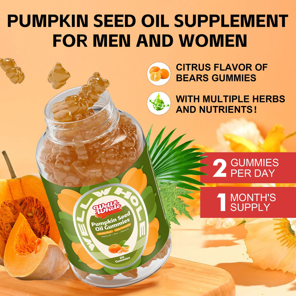 Label showing ingredients: pumpkin seed oil, saw palmetto, zinc