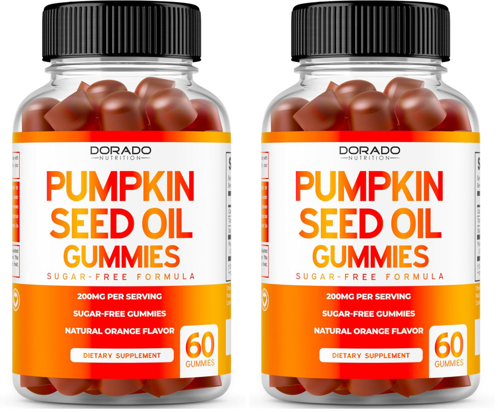 Hero image showing Pumpkin Seed Oil Gummies in orange flavor in a 2-pack