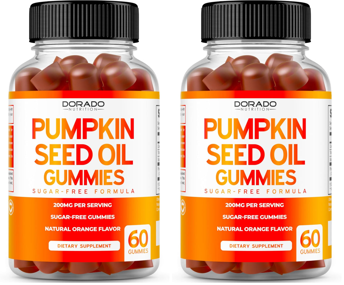 Hero image showing Pumpkin Seed Oil Gummies in orange flavor in a 2-pack