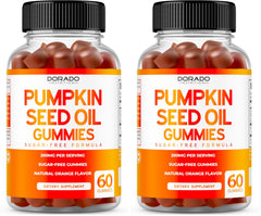 Hero image showing Pumpkin Seed Oil Gummies in orange flavor in a 2-pack
