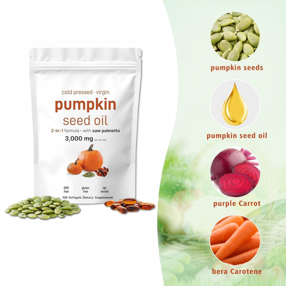 Pouch containing 300 softgels of pumpkin seed oil with saw palmetto