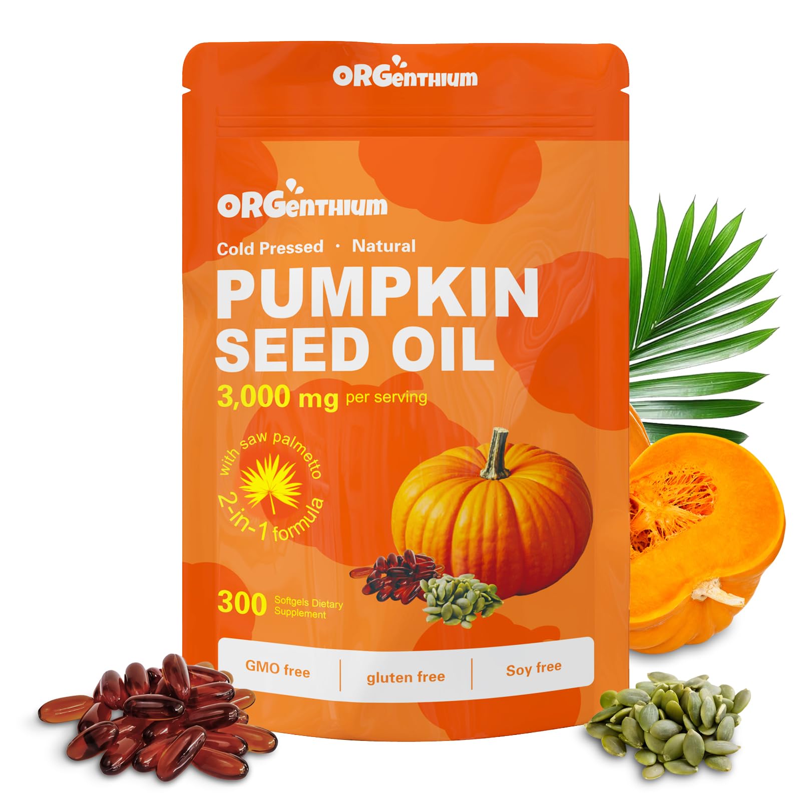 Product label showing pumpkin seed oil with saw palmetto and 3000mg per serving